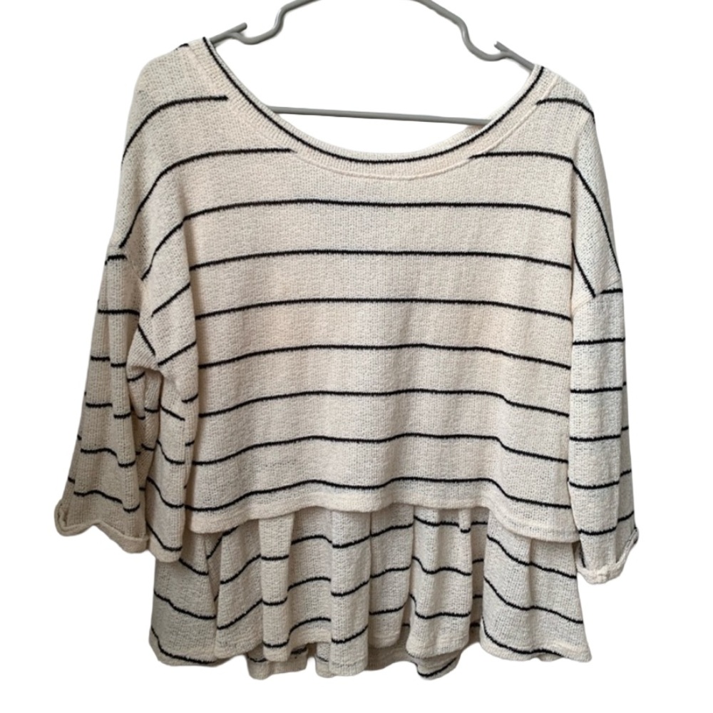 ANTHROPOLOGIE Cream with Thin Black Stripes 3/4 Sleeve Rounded Neck Sweater
